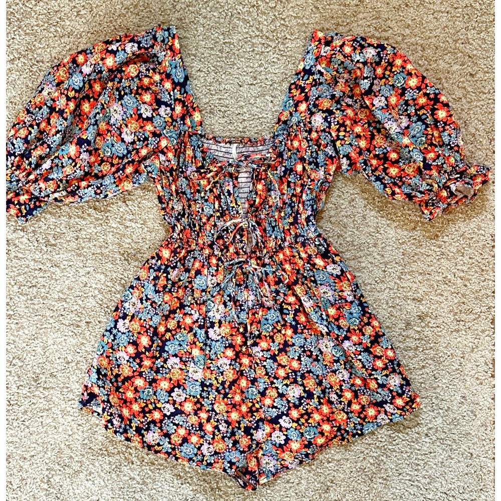 Free People Show Me Love Floral Romper Shorts Puff Sleeves Jumpsuit XS